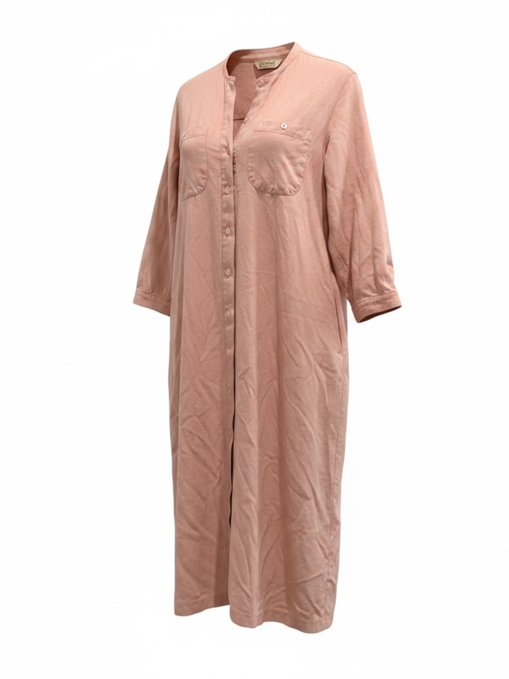 n L.L.Bean button-front utility shirt dress in a dusty pink / rose hue.